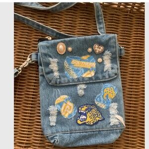 Denim Crossbody Bag with Patches